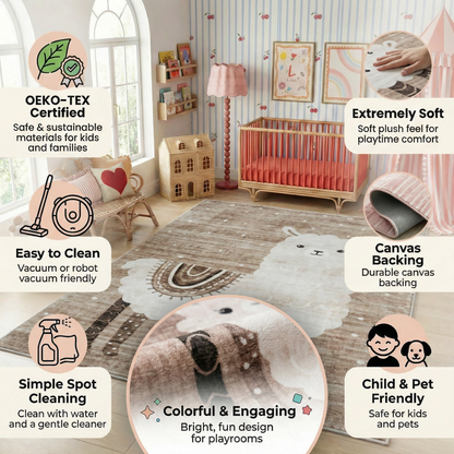 Rowan Lama Animal Theme Beige and White Kids Area Rug