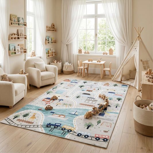 Haven Education Learning Contemporary Blue and Grey Indoor Rug