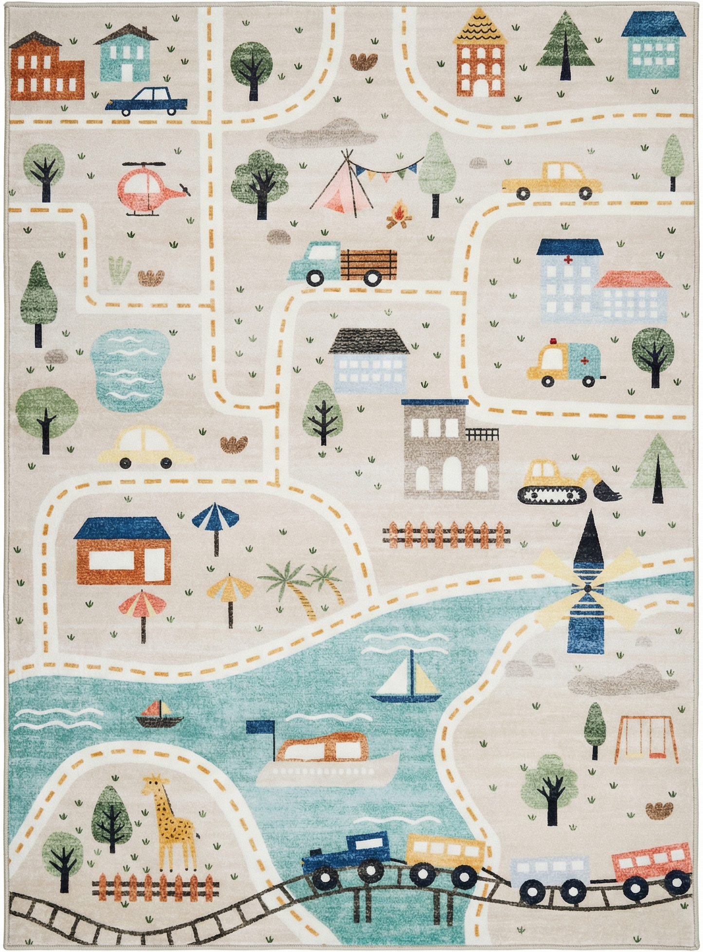 Haven City Road Map Grey Blue Kids Area Rug