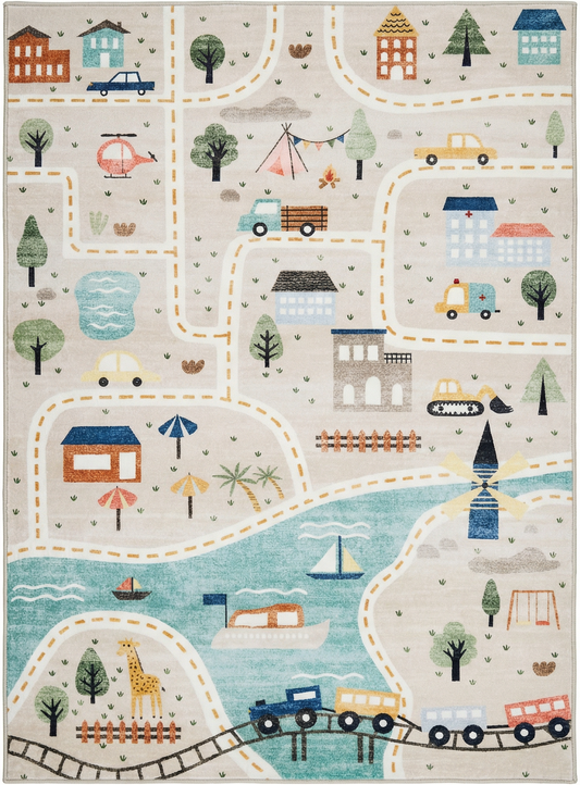 Haven City Road Map Grey Blue Kids Area Rug