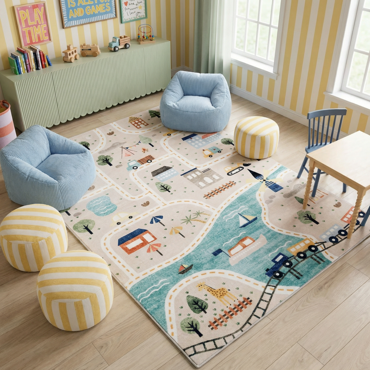 Alfombra de área para niños gris azul con diseño de mapa de Haven City