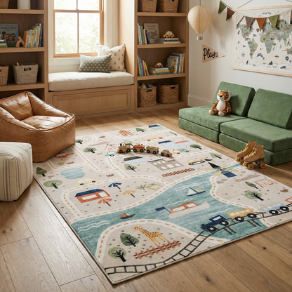 Haven City Road Map Grey Blue Kids Area Rug