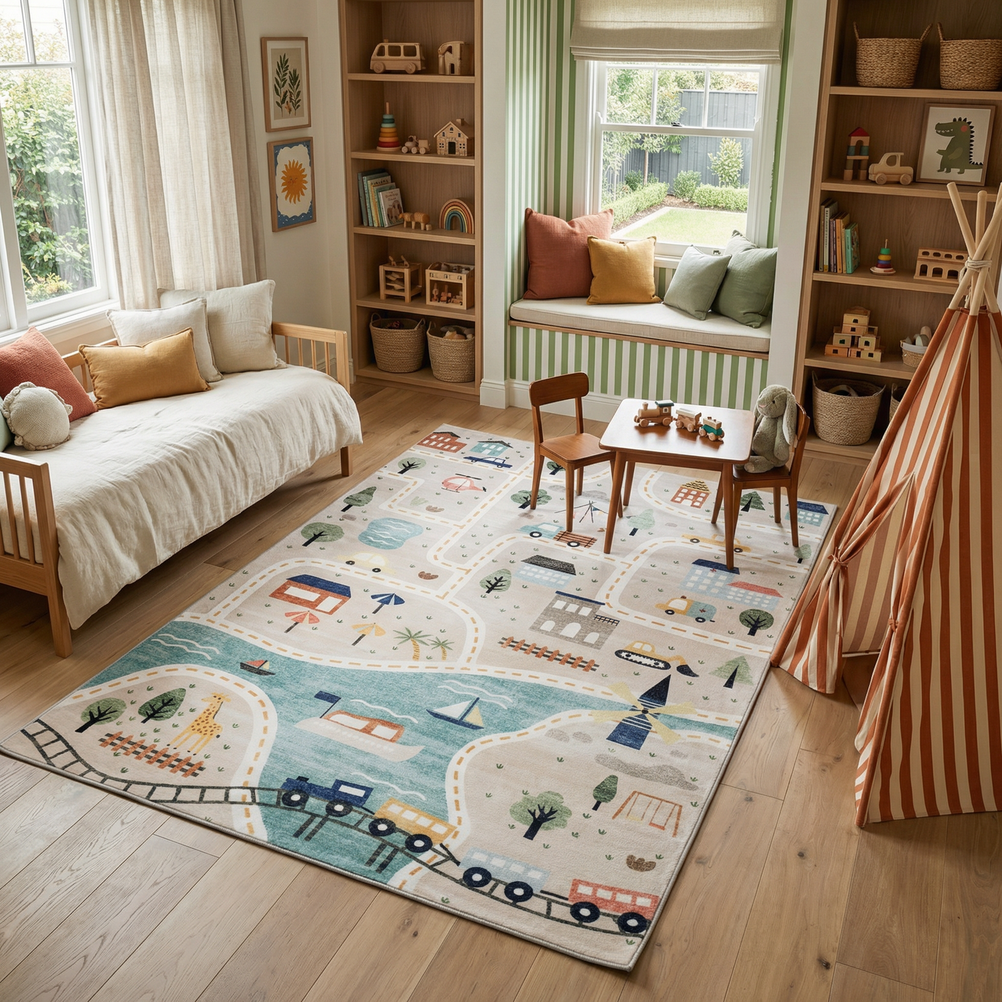 Haven City Road Map Grey Blue Kids Area Rug
