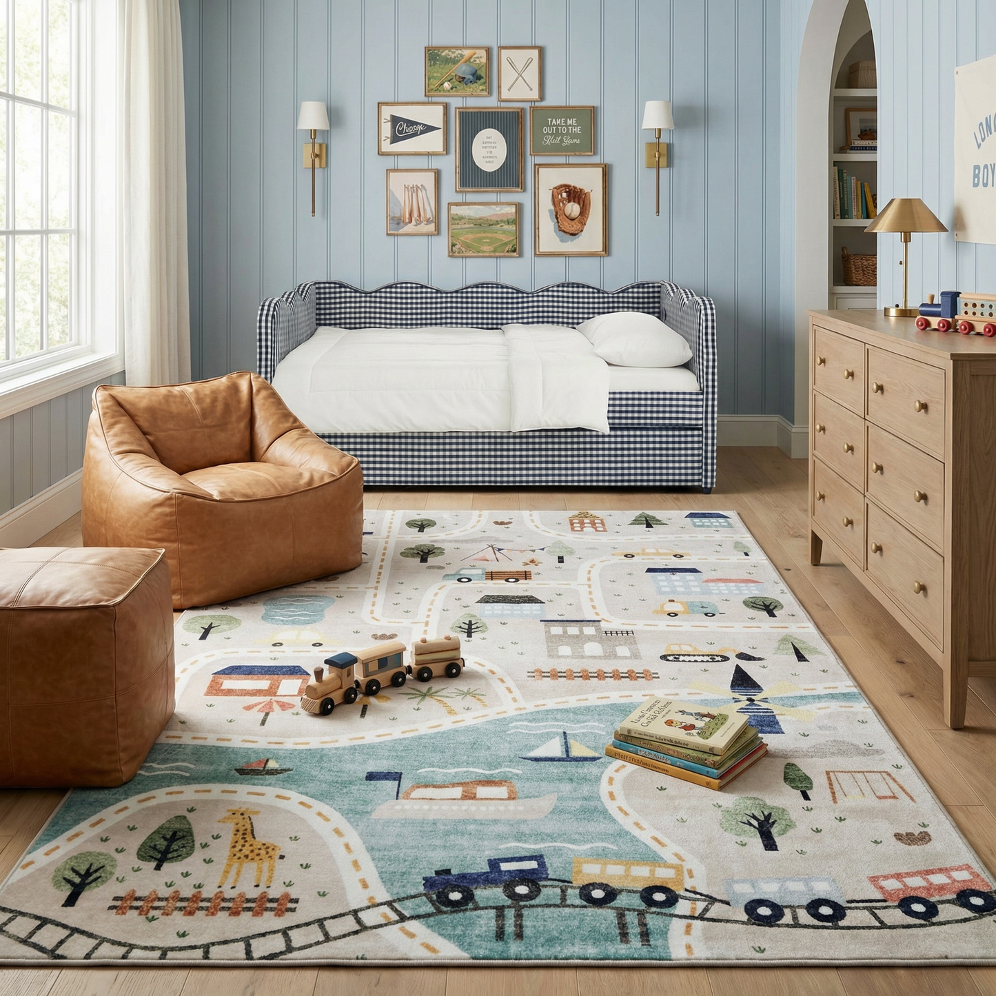 Haven City Road Map Grey Blue Kids Area Rug