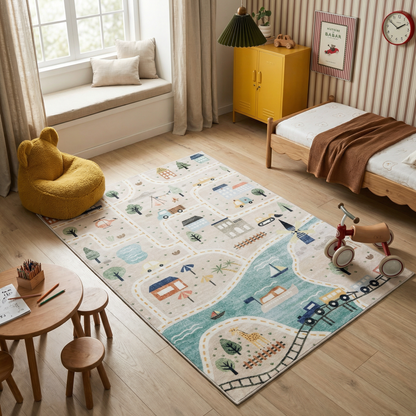 Haven City Road Map Grey Blue Kids Area Rug