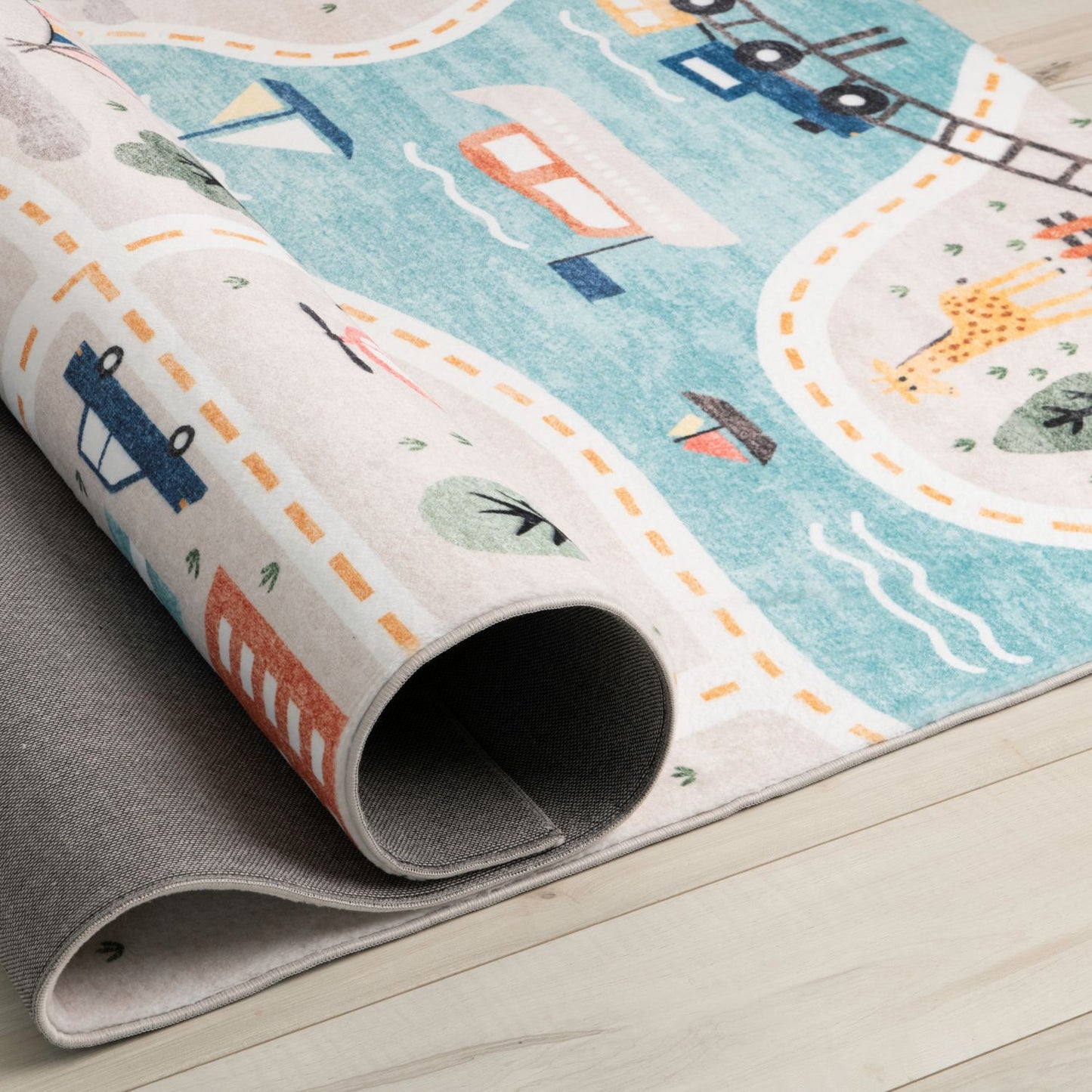Haven City Road Map Grey Blue Kids Area Rug