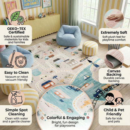 Haven City Road Map Grey Blue Kids Area Rug