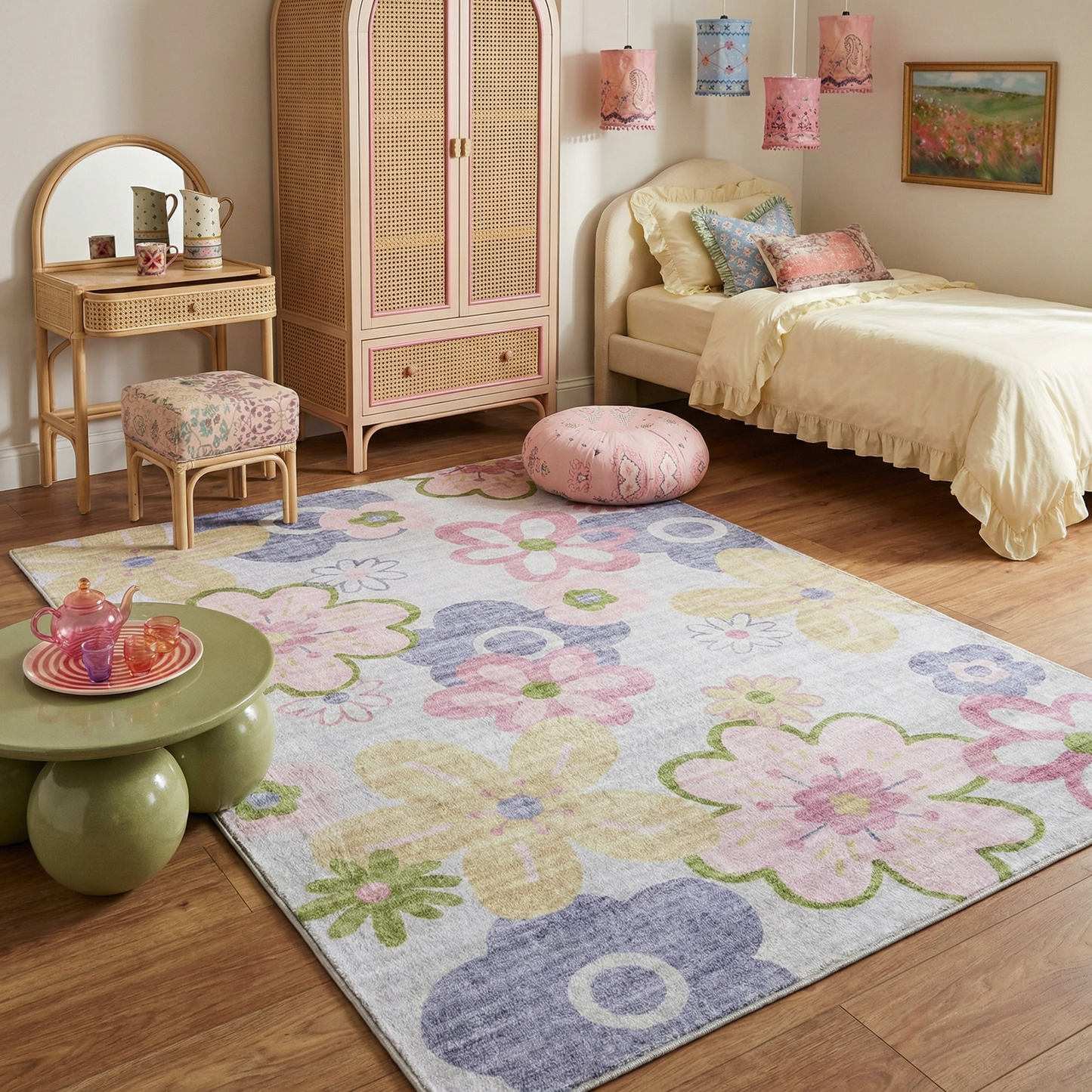 Tapete de juego floral divertido de Soft Steps, alfombra suave rosa
