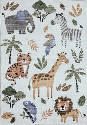 Jungle Safari Animals Wildlife Beige Kids Area Rug