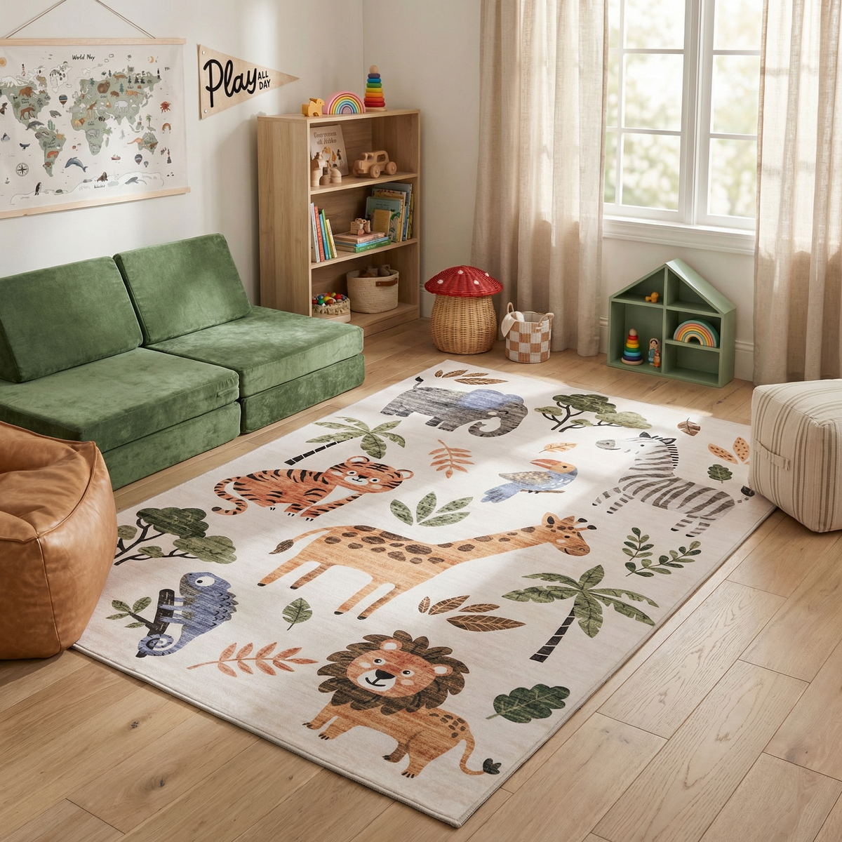 Alfombra Infantil Beige con Animales de la Selva y Vida Silvestre