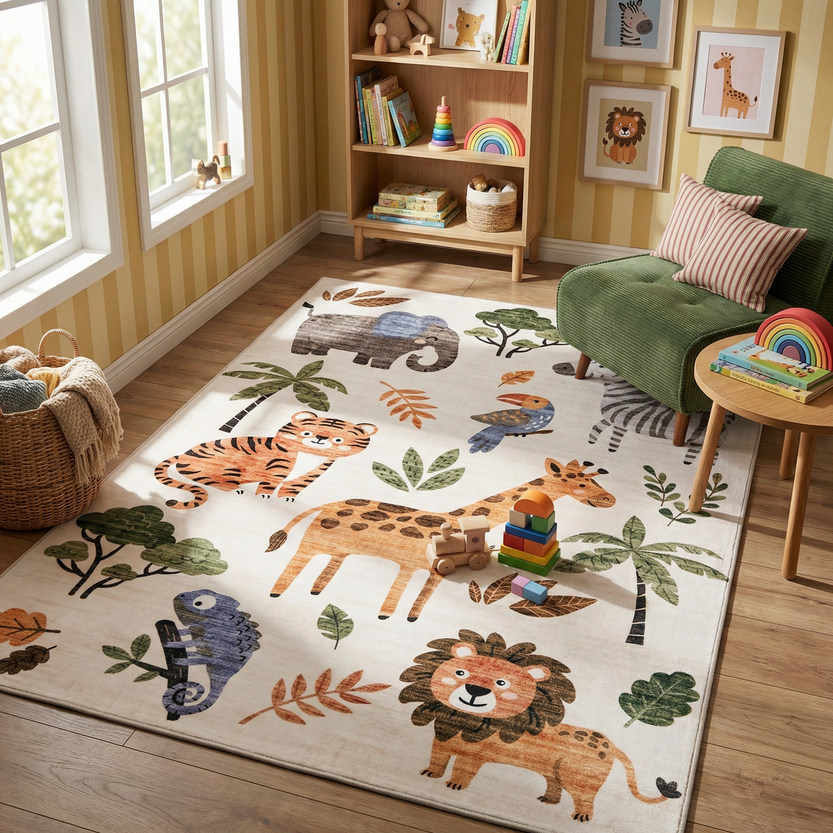 Jungle Safari Animals Wildlife Beige Kids Area Rug