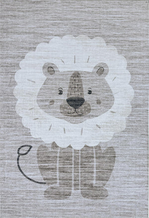 Leo Lion Cute Safari Animal Beige and Grey Kids Rug