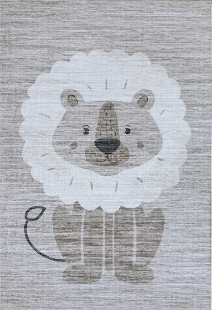 Leo Lion Cute Safari Animal Beige and Grey Kids Rug