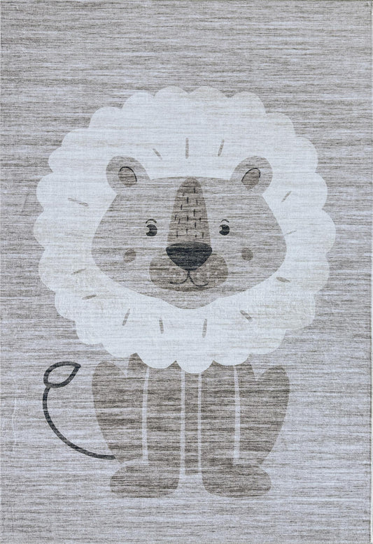 Leo Lion Cute Safari Animal Beige and Grey Kids Rug