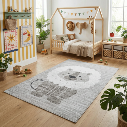 Leo Lion Cute Safari Animal Beige and Grey Kids Rug