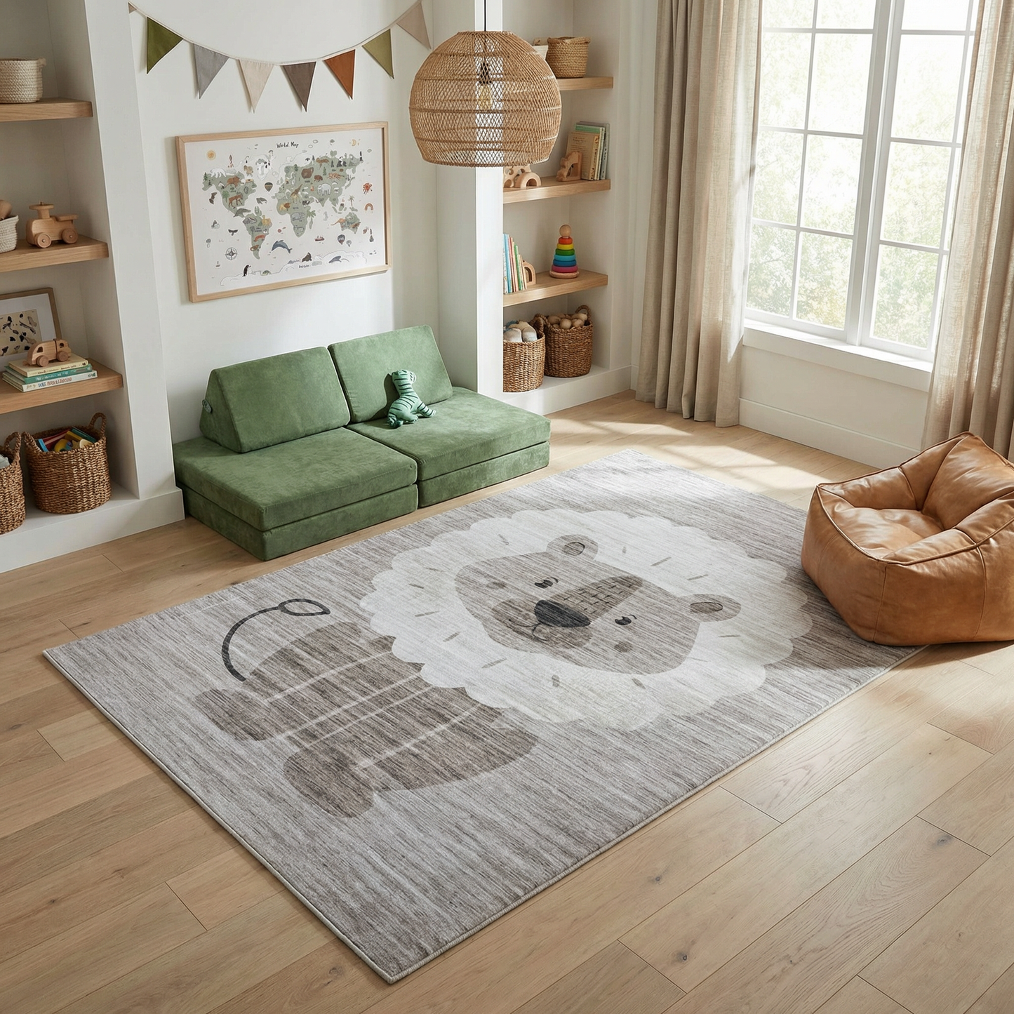 Leo Lion Cute Safari Animal Beige and Grey Kids Rug