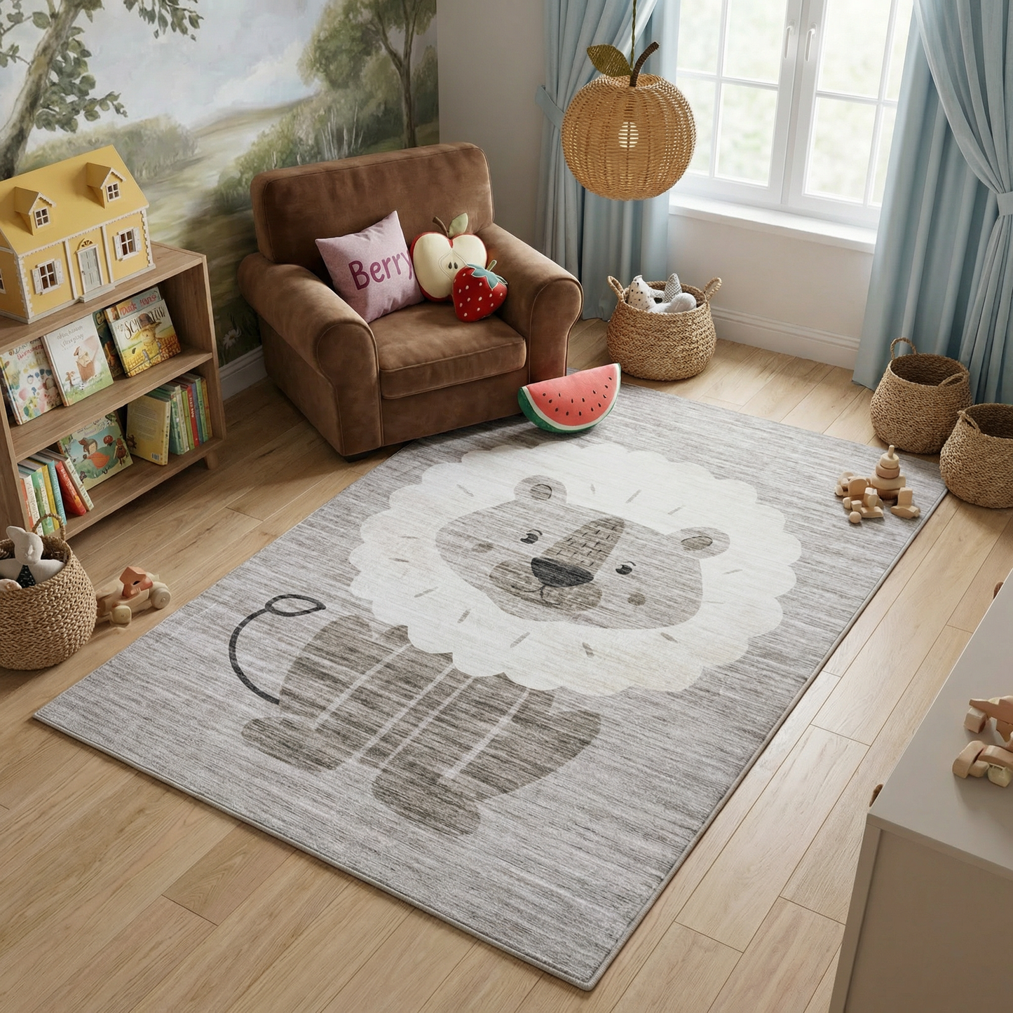Leo Lion Cute Safari Animal Beige and Grey Kids Rug
