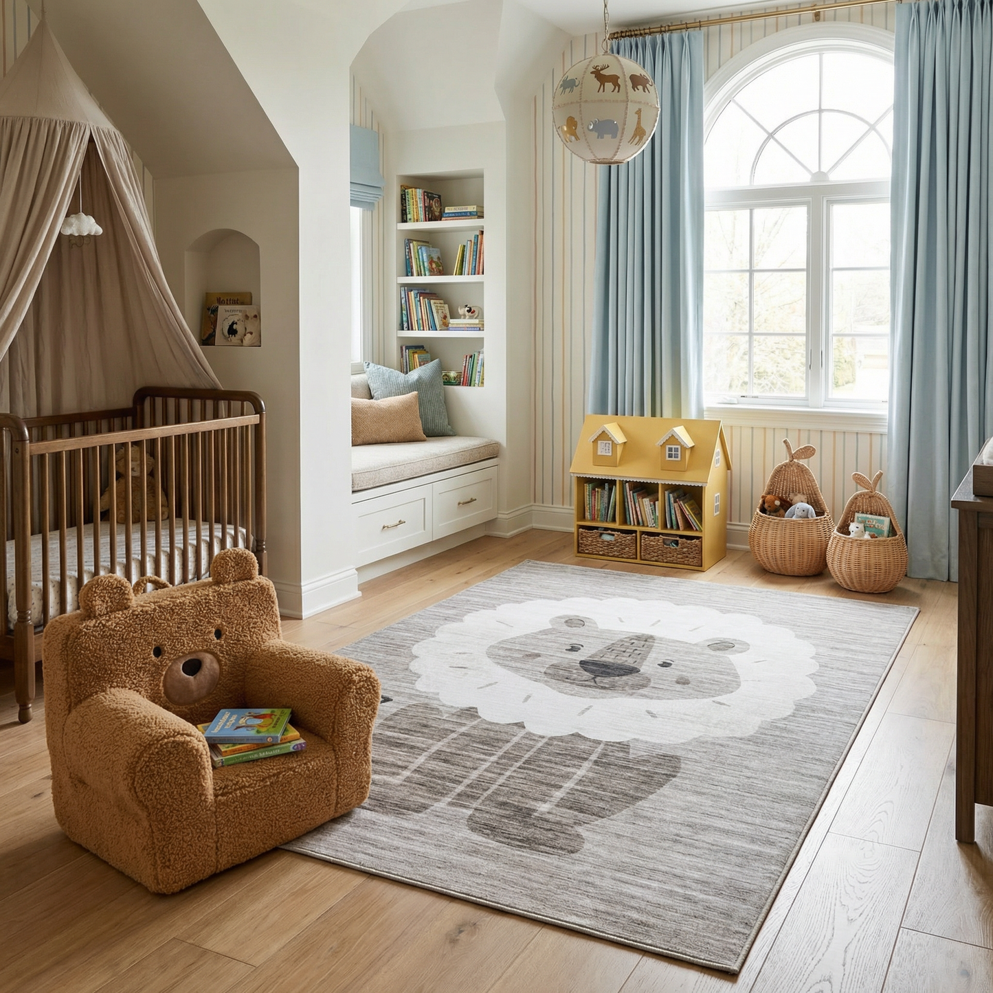Leo Lion Cute Safari Animal Beige and Grey Kids Rug