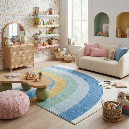 Tapete de juego arcoíris Soft Steps Playtime, alfombra suave azul claro
