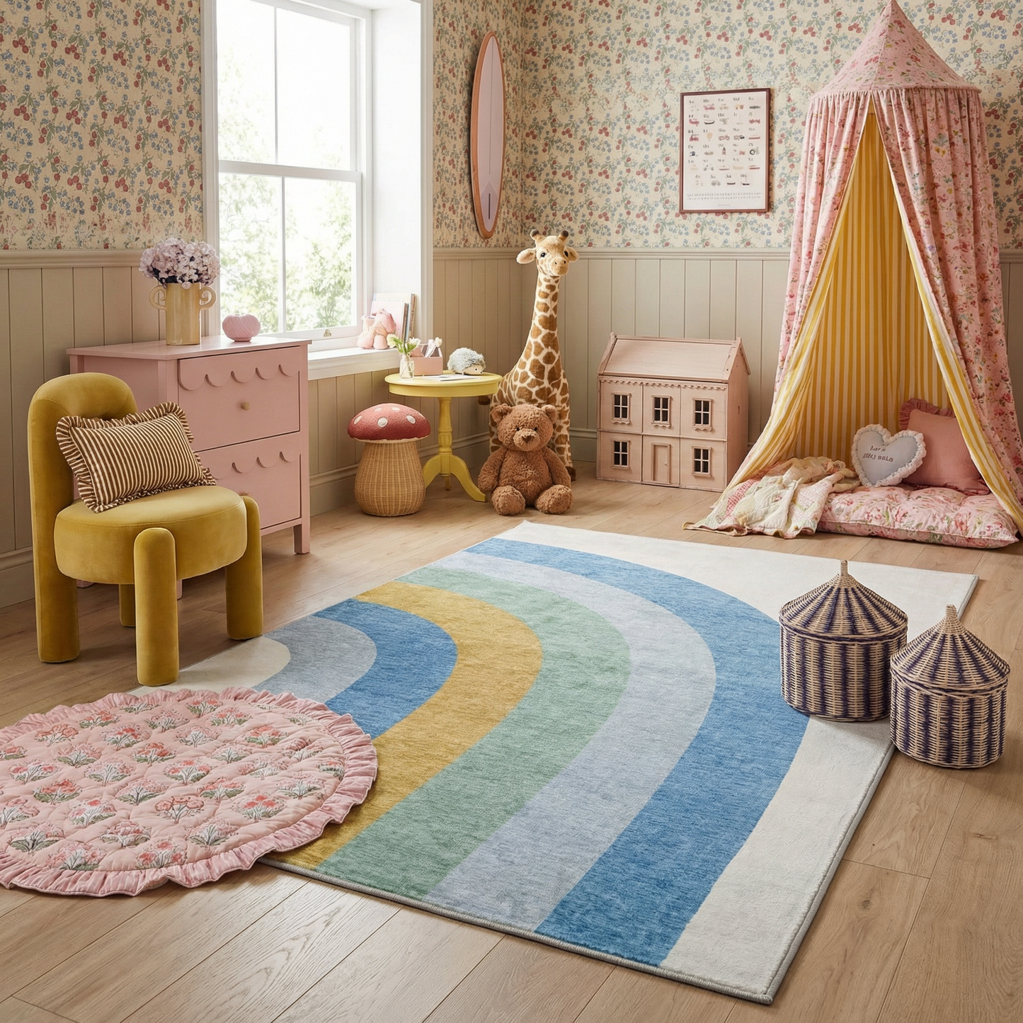 Tapete de juego arcoíris Soft Steps Playtime, alfombra suave azul claro