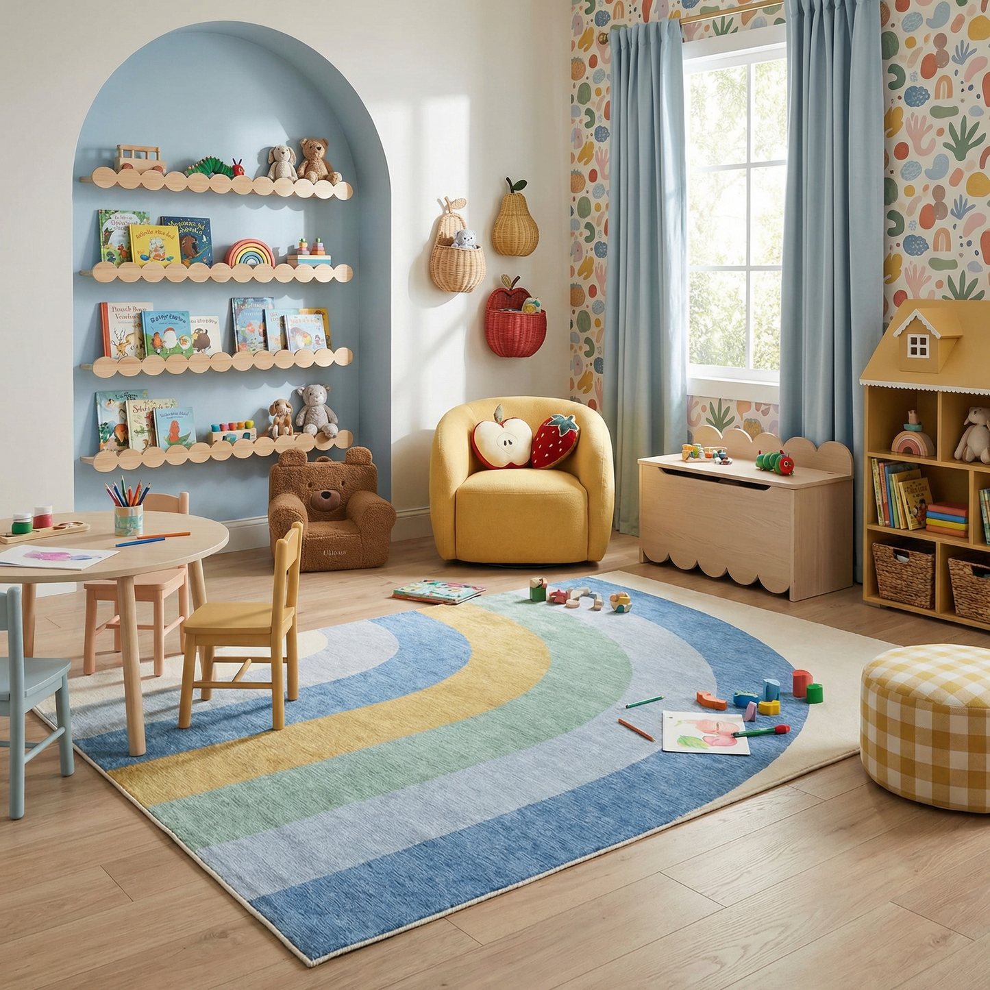 Tapete de juego arcoíris Soft Steps Playtime, alfombra suave azul claro