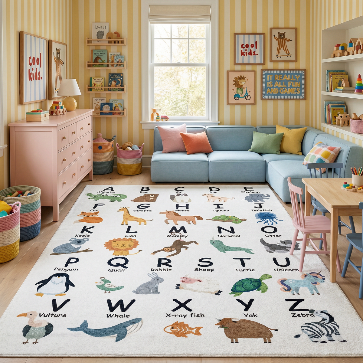Atlas Education Learning White and Beige Indoor Kids Letters Rug