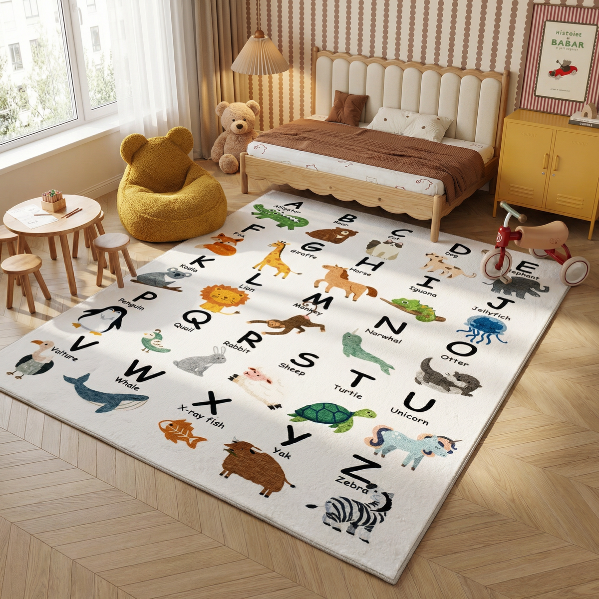 Atlas Education Learning White and Beige Indoor Kids Letters Rug