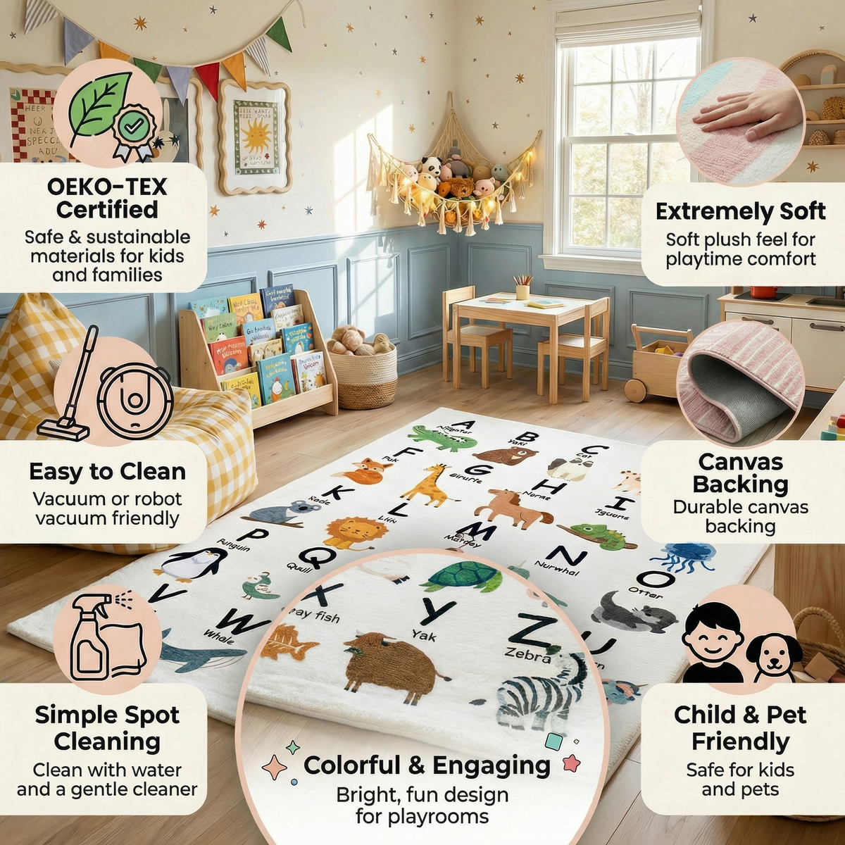 Atlas Education Learning White and Beige Indoor Kids Letters Rug