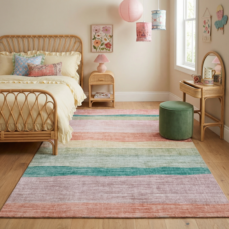 Haze Striped Pink Green Kids Playroom Indoor Area Rug