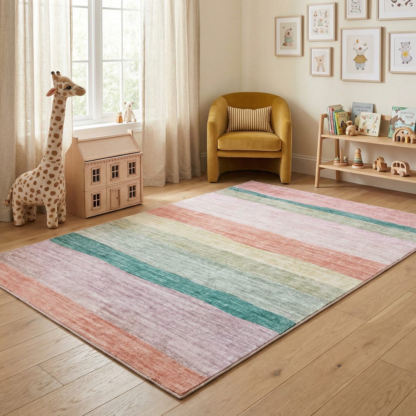 Haze Striped Pink Green Kids Playroom Indoor Area Rug