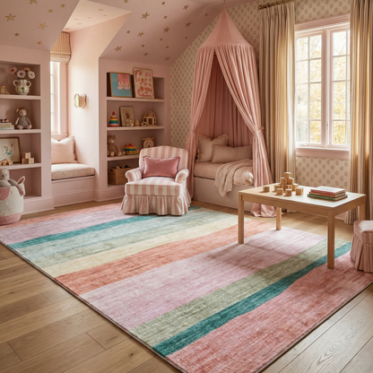 Haze Striped Pink Green Kids Playroom Indoor Area Rug