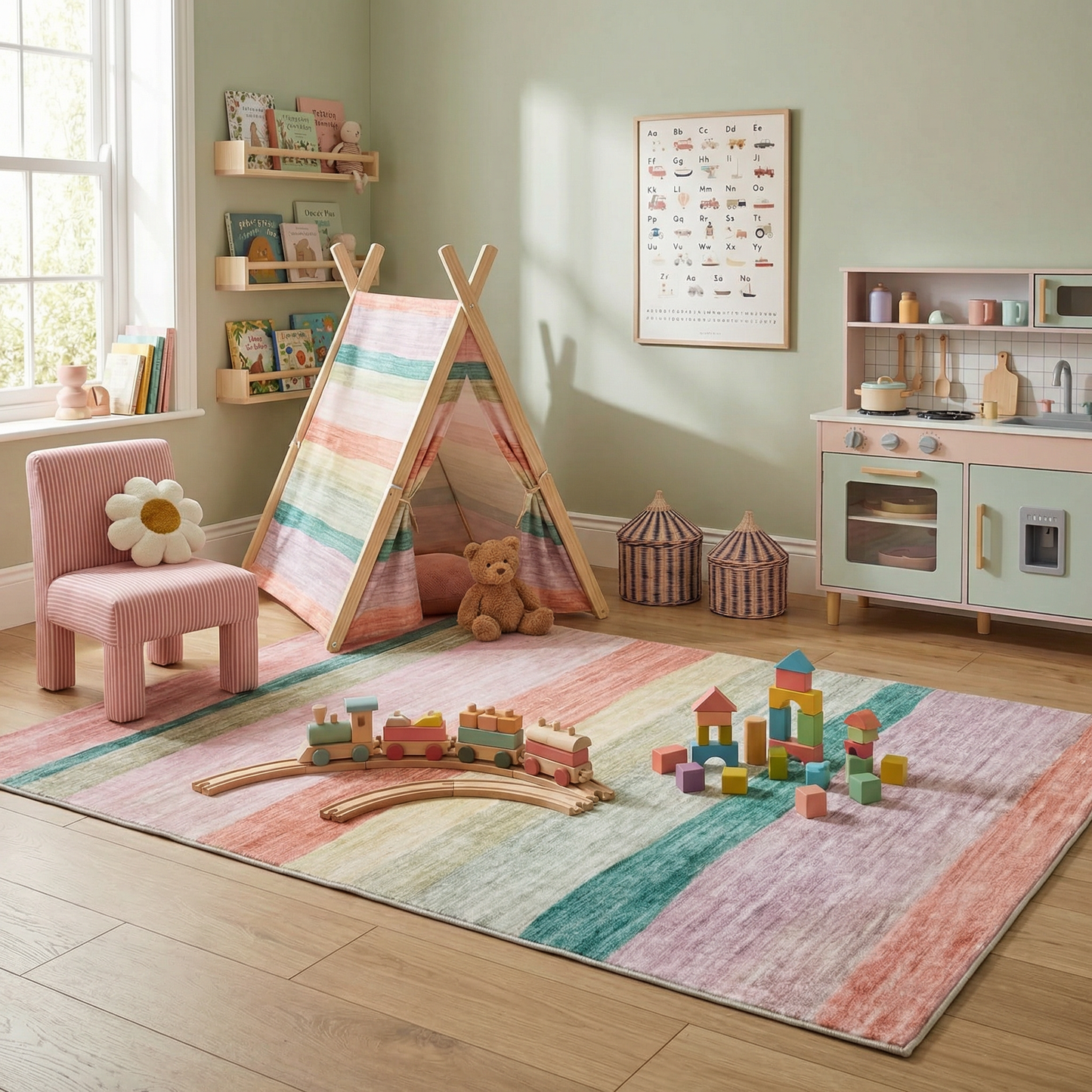 Haze Striped Pink Green Kids Playroom Indoor Area Rug