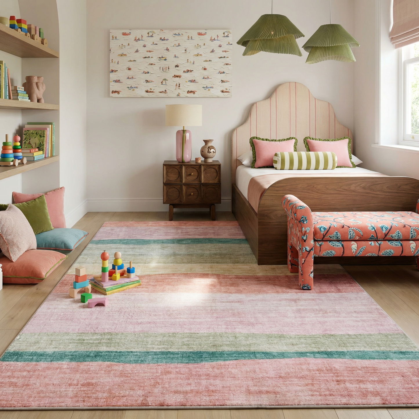 Haze Striped Pink Green Kids Playroom Indoor Area Rug