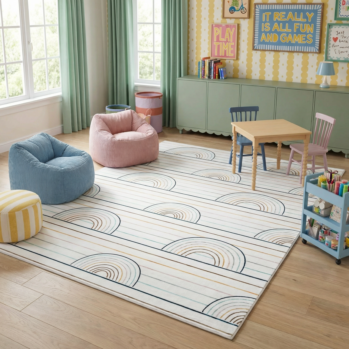 Alfombra moderna Lino Azul y Rosa Arcoíris para área de juegos infantiles