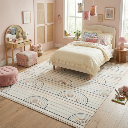 Lino Blue & Pink Rainbow Modern Kids Area Playtime Rug