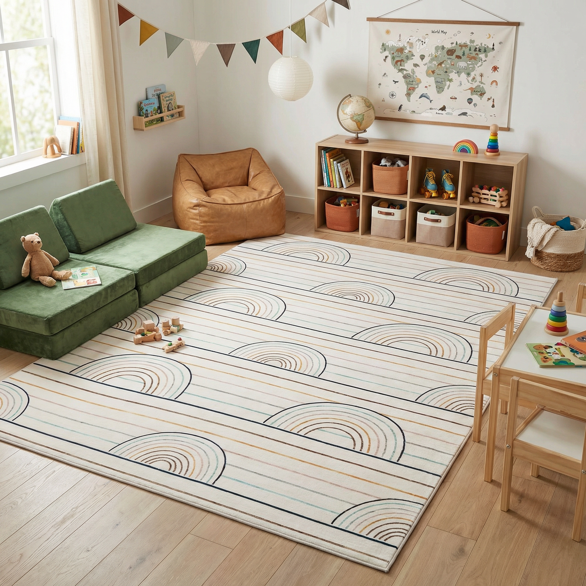 Lino Blue & Pink Rainbow Modern Kids Area Playtime Rug