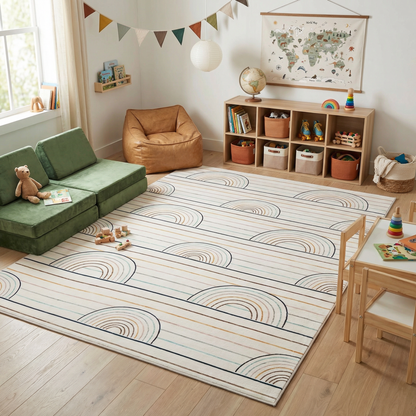 Lino Blue & Pink Rainbow Modern Kids Area Playtime Rug