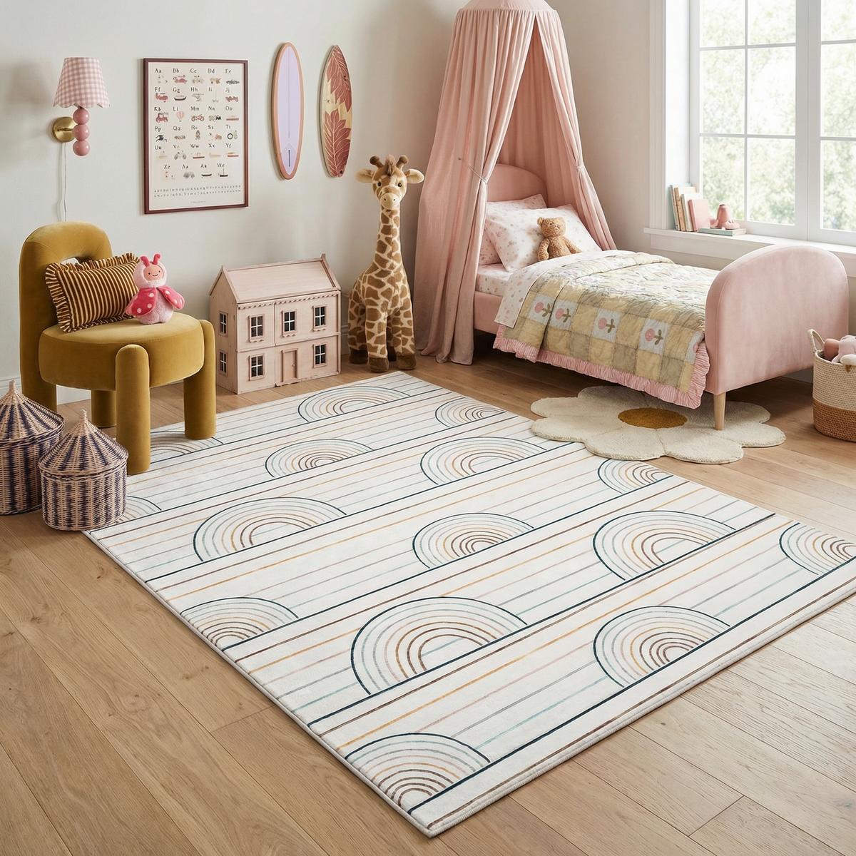 Lino Blue & Pink Rainbow Modern Kids Area Playtime Rug