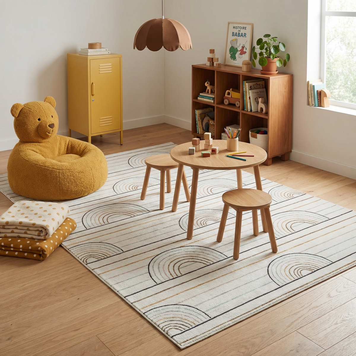 Lino Blue & Pink Rainbow Modern Kids Area Playtime Rug