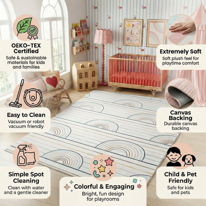Lino Blue & Pink Rainbow Modern Kids Area Playtime Rug