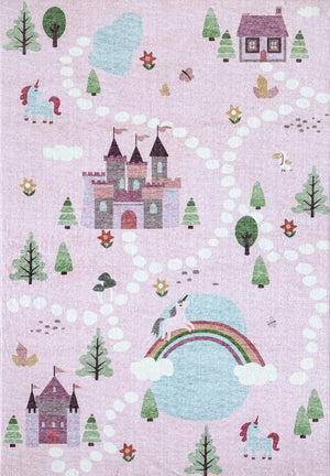 Everly Unicorn Castle Pink Fantasy Kids Area Rug