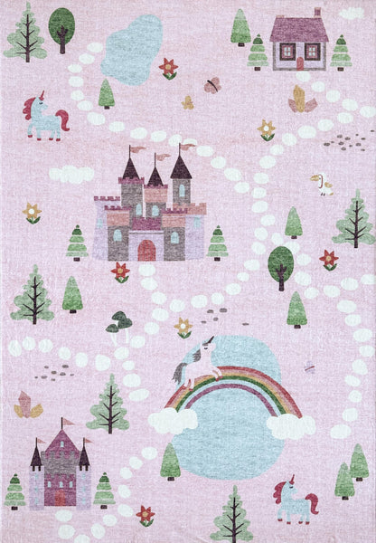 Tapete educativo rosa suave de Soft Steps con unicornios, castillo y mapa de carreteras