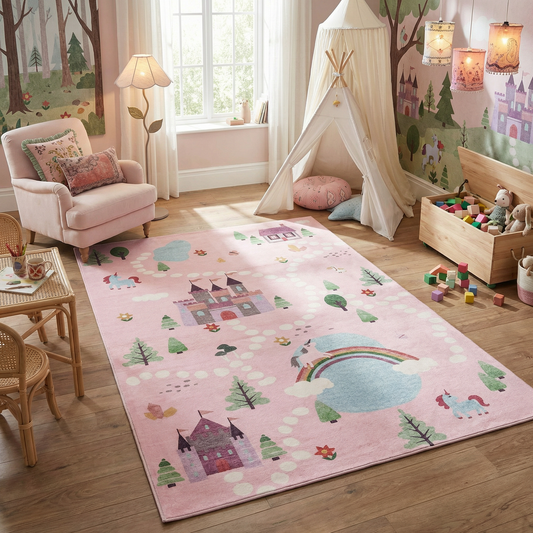 Everly Unicorn Castle Pink Fantasy Kids Area Rug