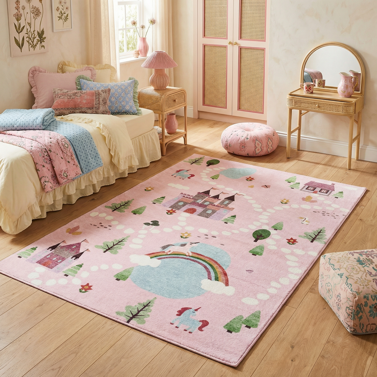 Tapete educativo rosa suave de Soft Steps con unicornios, castillo y mapa de carreteras