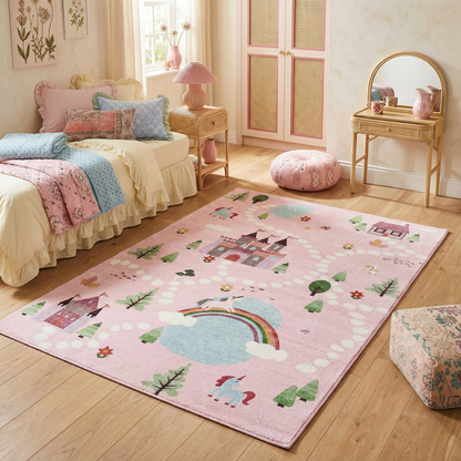 Tapete educativo rosa suave de Soft Steps con unicornios, castillo y mapa de carreteras