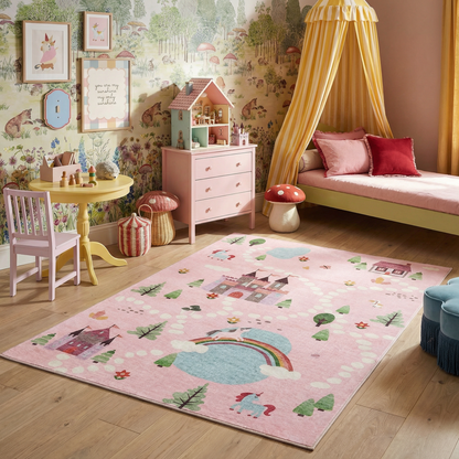 Tapete educativo rosa suave de Soft Steps con unicornios, castillo y mapa de carreteras