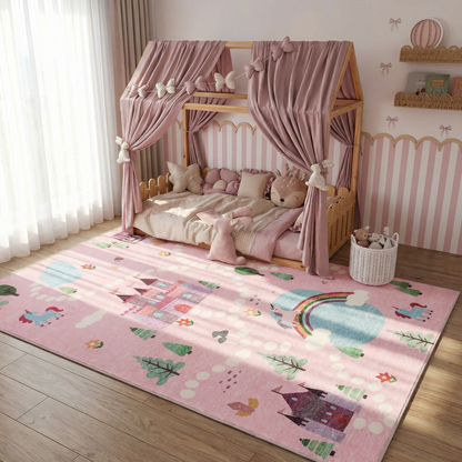 Tapete educativo rosa suave de Soft Steps con unicornios, castillo y mapa de carreteras