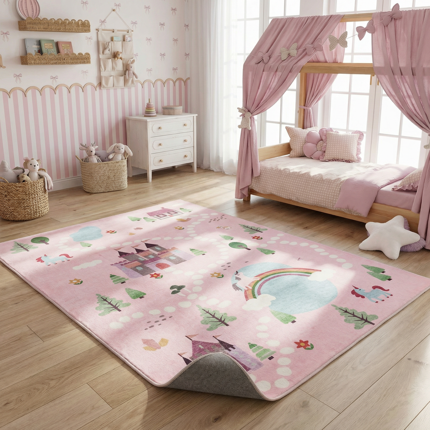 Tapete educativo rosa suave de Soft Steps con unicornios, castillo y mapa de carreteras