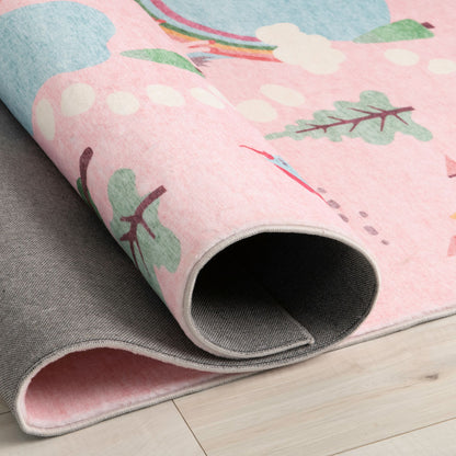 Tapete educativo rosa suave de Soft Steps con unicornios, castillo y mapa de carreteras
