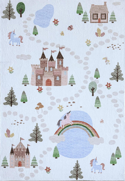Tapete educativo blanco suave de Soft Steps con unicornios, castillo y mapa de carreteras
